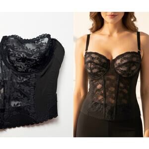 Vintage BackLess by Young Smoothie Black Lace Longline Bustier Bra 34C